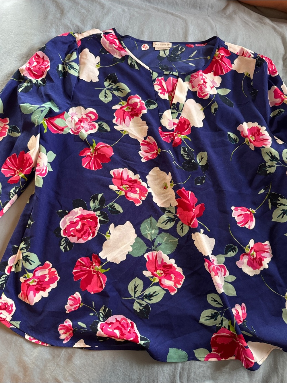 Van Heusen Navy Floral Blouse with Pink & White Blooms